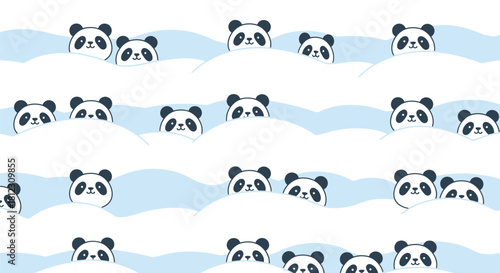 Cute cartoon pandas peeking over blue and white wavy patterns, creating a playful and adorable seamless background.
