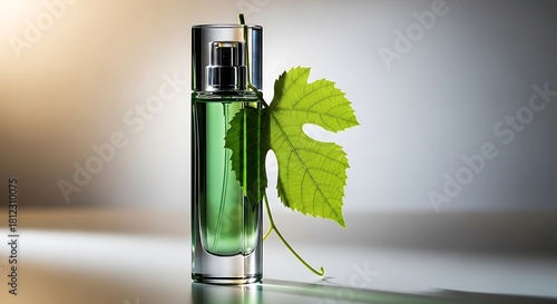 Elegant Green Liquid in a Glass Container Enhanced with a Fresh Green Leaf, Perfect for Beauty Product Visuals.