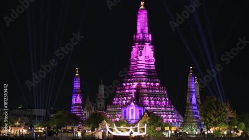Chao Phraya River Sunset Video Background, see the colorful lights from the spotlights at the 2025 Chao Phraya River Festival, see the beautiful Wat Arun, a world-class tourist attraction.