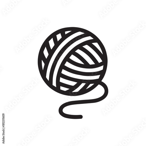 Simple black and white line art illustration of a ball of yarn with a trailing thread