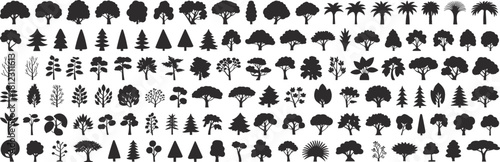Comprehensive Vector Collection of Over One Hundred Tree and Foliage Silhouettes, Including Deciduous, Conifers, Palms, and Branches, for Design Assets