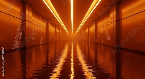 Futuristic Orange Lit Tunnel with Water Reflection and Abstract Wall Designs, Captivating Architectural Interior.