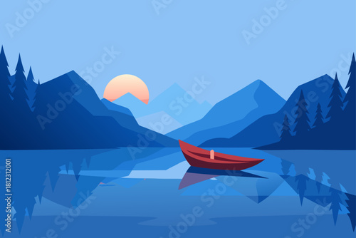 Canoe Drifting Across a Calm Mirror Lake