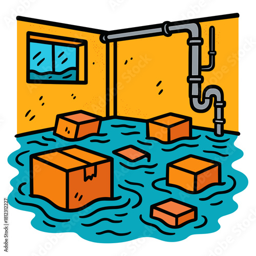 Flooded basement with boxes
