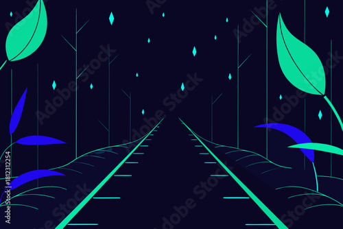 Neon Lit Path Through a Botanical Night Garden