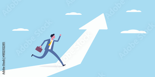 Businessman running up an upward arrow path towards the sky