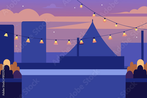 Rooftop Garden Glowing At Dusk With String Lights