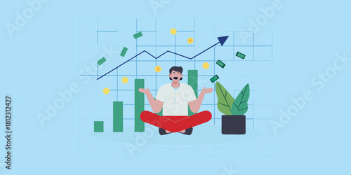 Man meditating amidst financial growth and falling money