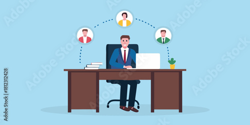 Businessman connected to team members in a virtual network