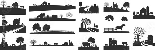 Extensive Vector Collection of Farm and Rural Landscape Silhouettes featuring Barns, Silos, Fences, Grazing Animals, Trees, and Country Roads Illustration