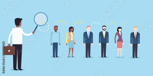 Recruiter inspecting candidates with magnifying glass