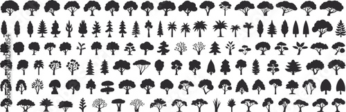 Comprehensive Vector Collection of Over One Hundred Tree Silhouettes, Including Deciduous, Evergreen, and Exotic Species, for Landscape and Nature Design