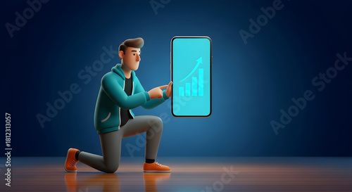 Fototapeta Naklejka Na Ścianę i Meble -  3d cartoon man kneeling and presenting a growth chart on a mobile phone screen showcasing business success and financial progress in a modern stylized digital illustration for marketing