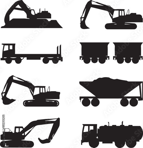 Black silhouette construction and transport vehicles on white background excavator digger