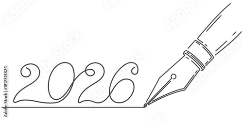 2026 Happy New Year .Pen with a nib. Christmas symbols 2026 .Vector illustration.