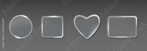 A transparent glossy heart and square glass shape glowing against a textured background. Perfect for romantic designs, UI kits, futuristic interfaces, and glassmorphism-themed graphics.