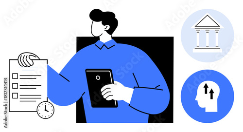 Productivity concept. Productivity with tools thumbs up checklists and digital devices, facilitating efficient workflows. Productivity linked to time management and financial operations. Useful