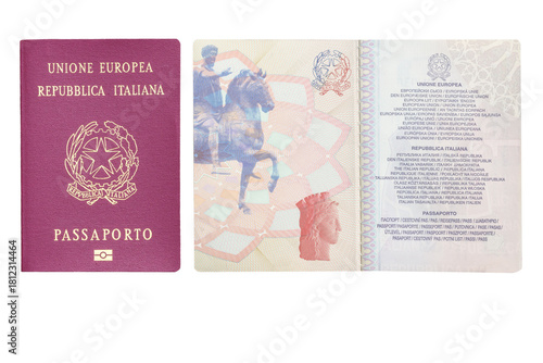 Italian biometric passport of the European Union open and front view isolated on white background