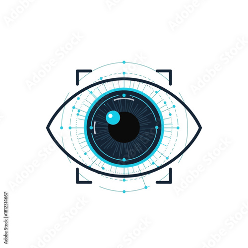 Digital eye scan with blue iris and targeting reticle for biometric identification.
