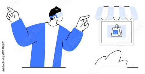 Man wearing AR glasses pointing towards virtual shopping elements, including a storefront and a digital shopping bag. Ideal for technology, e-commerce, AR innovation, retail, futuristic interactions