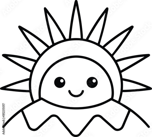 Black outline of a smiling sun rising gently behind rolling hills Line Art Vector illustration