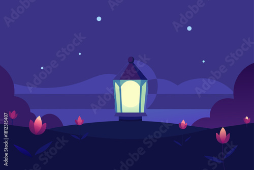 Glowing Lantern In Dark Flower Field At Night