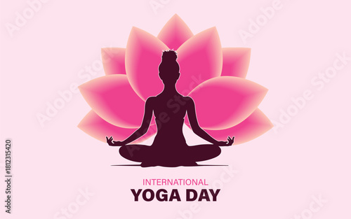international yoga day. yoga body posture. Woman practicing yoga in lotus position with typography of YOGA. vector illustration design.