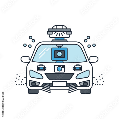 Illustration of a self-driving car with sensors and cameras on a white background.