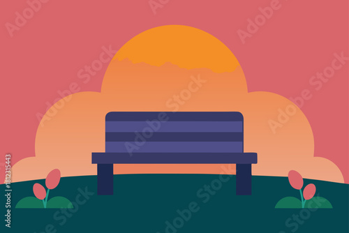 Solitary Stone Bench in a Blooming Flower Garden