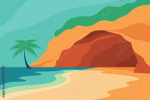 Tropical Beach Watercolor Scene With Soft Pastels