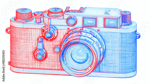 Classic Film Camera Digital Art Illustration with Anaglyph Red and Blue 3D Line Effect on White Background