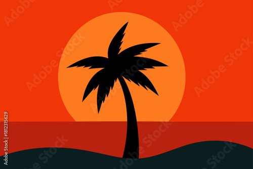 Tropical Tree Silhouette Against a Fiery Orange Sky