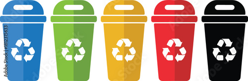 Recycle Bin Vector Icons Set. Eco-Friendly Waste Management Concept. Colorful recycle bins for waste sorting and management icon.