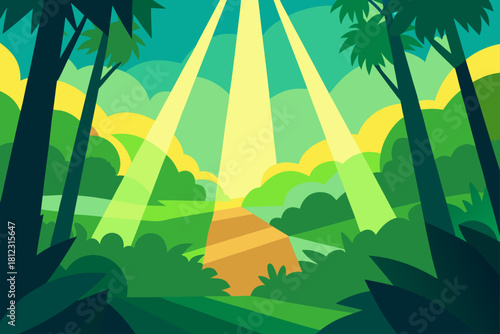 Vibrant Tropical Rainforest with Beams of Sunlight