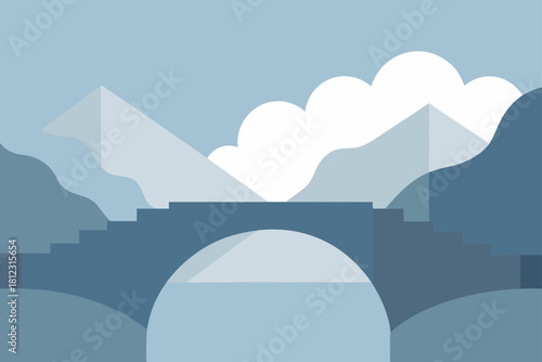 Wet Stone Bridge in the Mountains with Rising Fog