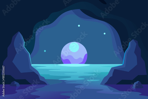 Wide Cave Opening to a Moonlit Sea with Glowing Waves