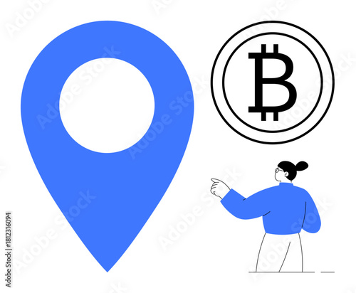 Large blue location marker symbol, cryptocurrency Bitcoin icon, and a person pointing right. Ideal for technology, finance, blockchain, navigation, digital currency geolocation guidance. Simple