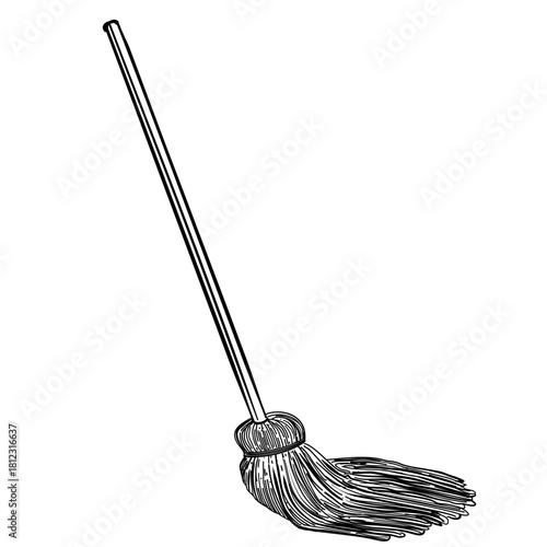 Floor mop cleaning vector line art hand drawn illustration