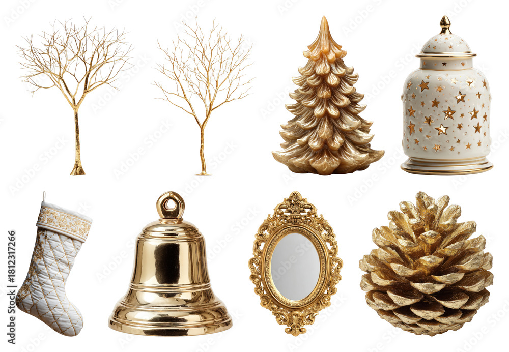 Obraz premium PNG Elegant gold Christmas decorations collection, element set on transparent background
