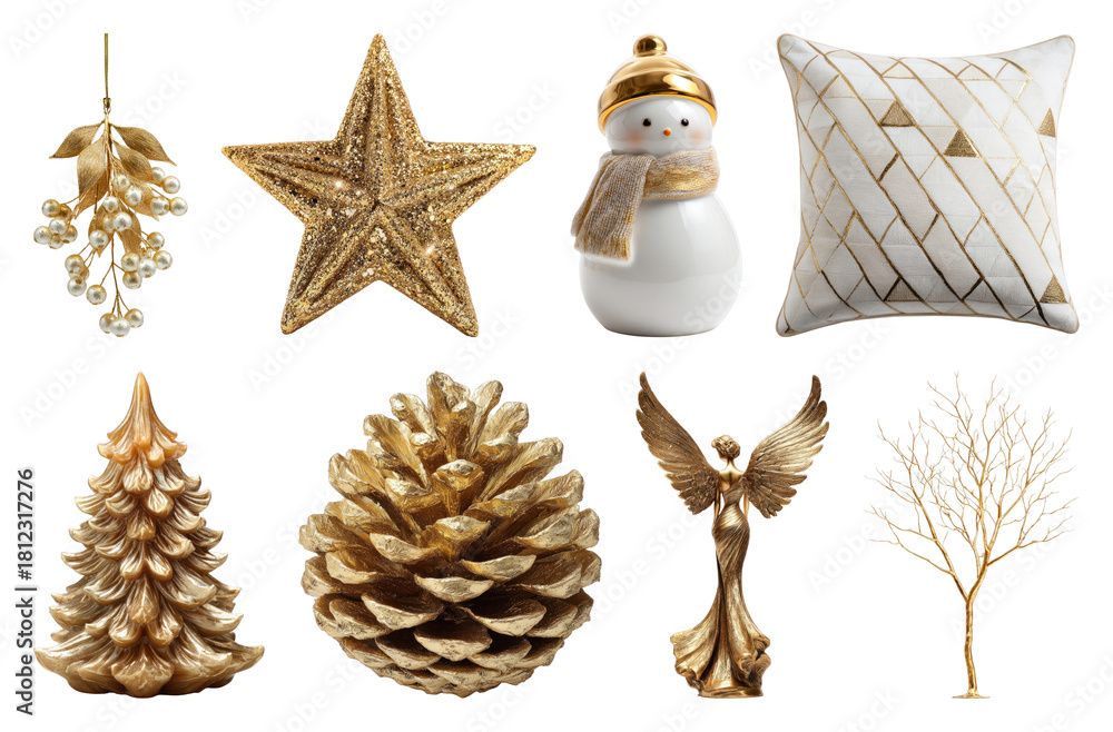 Fototapeta premium PNG Elegant gold holiday decorations, element set on transparent background