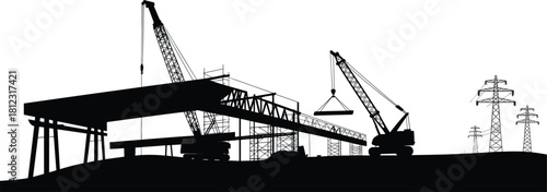 Silhouette Vector of Bridge Construction with Multiple Mobile Cranes, Elevated Roadway Sections, Supporting Framework, and Power Transmission Towers Background