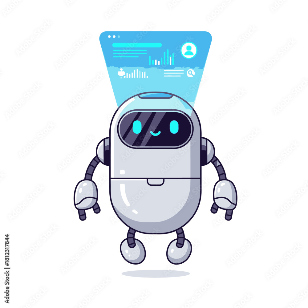 Fototapeta premium Cartoon robot with a screen displaying data, floating in the air, with a friendly expression.