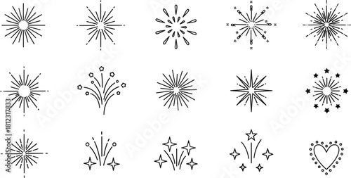 Hand drawn firework doodle elements vector set isolated on collection of cute sketchy celebration, party, festive, holiday, birthday symbols