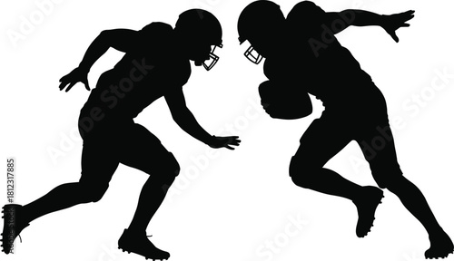 Vector Silhouette of American Football Action with Ball Carrier Running Past Defender, Illustrating Dynamic Sports Energy, Intensity, and Competition