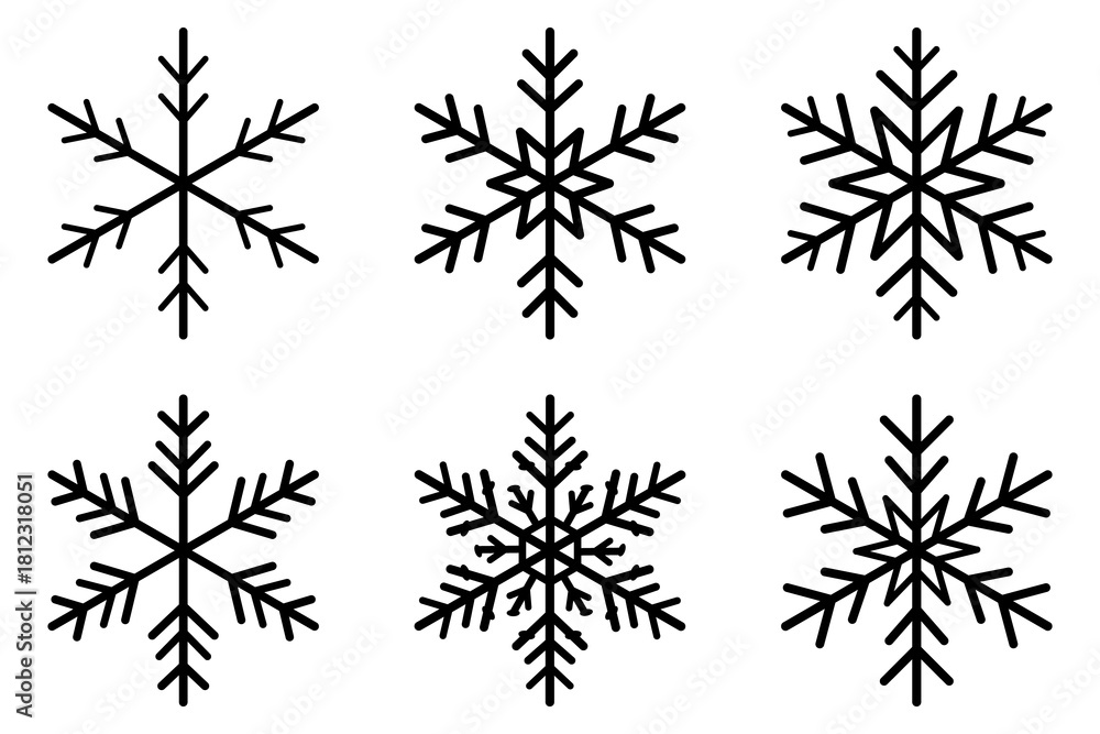 Obraz premium Vector art of collection of snowflake icons icon on. Vector illustration of snowflakes icon set on transparent background. Vector line icon. Collection of different form snowflakes vector icon.