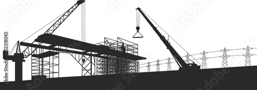 Vector Silhouette of Major Construction Project featuring Heavy Cranes, Steel Framework, Elevated Structure, and Power Transmission Line Towers in Background
