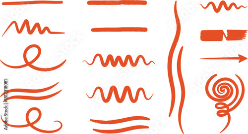 Collection of handdrawn orange lines and swirls on a, perfect for adding a touch of whimsy and creativity to any design, isolated on