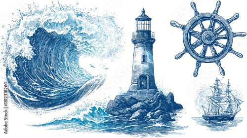 Hand-drawn vintage nautical elements set: lighthouse, crashing ocean wave, ship's wheel, and sailing vessel illustration in blue ink.