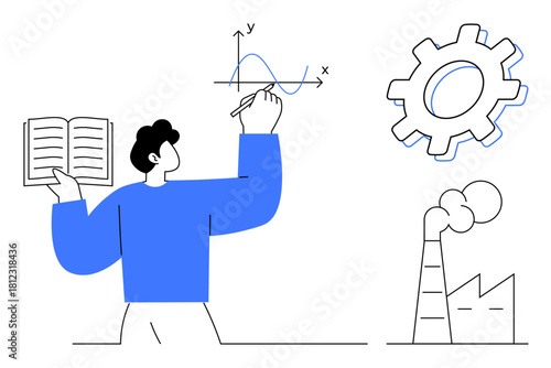 Man solving graph equations with a book in hand, gear symbolizing machinery, and factory emitting smoke. Ideal for innovation, research, industry, productivity, data analysis, sustainability