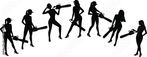 Vector Silhouettes of Seven Beautiful Women in Various Poses Holding Chainsaws and Wearing High Heels, Representing Female Empowerment and Attitude